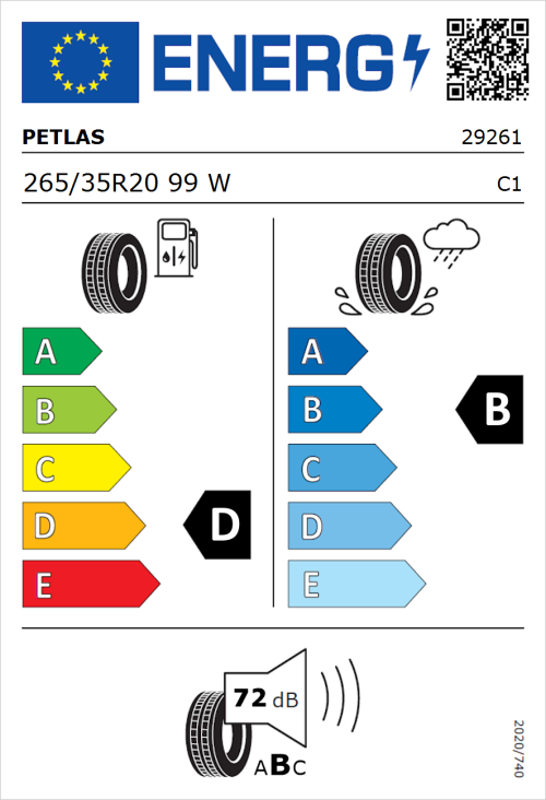 Tyre Label for Petlas Velox Sport PT741 265/35R20 99W