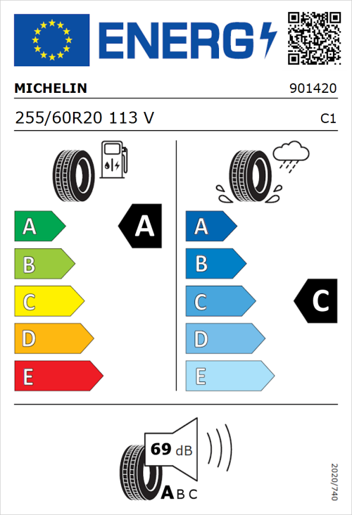 Tyre Label for Michelin Primacy All Season 255/60R20 113V